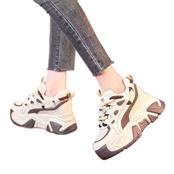 Дамски височинно увеличаващи кецове, chunky стил, горна част от изкуствен флис, връзки, нисък ток (0–1 см), рокинг подметка, едноцветен дизайн