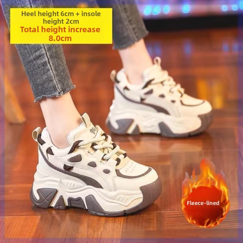 Дамски височинно увеличаващи кецове, chunky стил, горна част от изкуствен флис, връзки, нисък ток (0–1 см), рокинг подметка, едноцветен дизайн