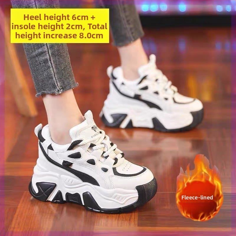 Дамски височинно увеличаващи кецове, chunky стил, горна част от изкуствен флис, връзки, нисък ток (0–1 см), рокинг подметка, едноцветен дизайн