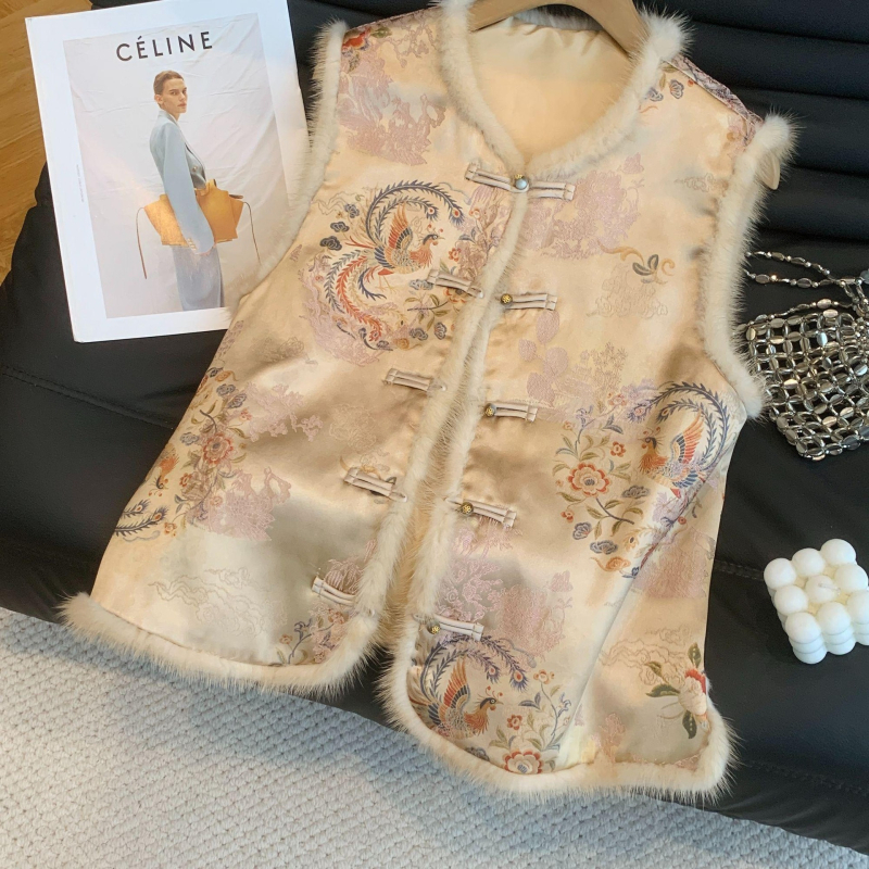 Ženski vest u kineskom stilu, poliester tkanina s poliester punilom, duljina 50–65 cm, okrugli ovratnik