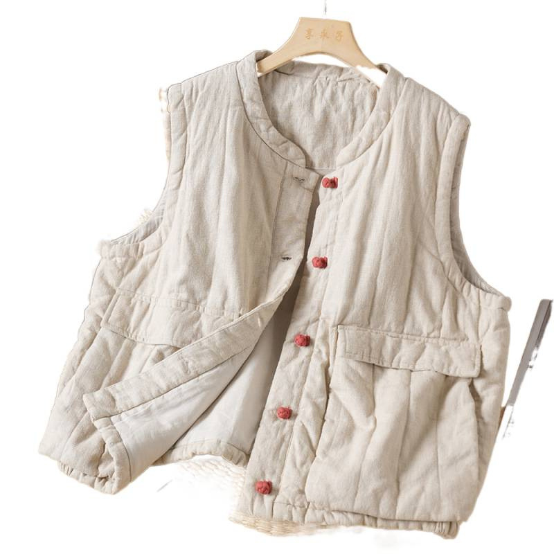 Ženski bezrukavni kardigan-vest, vintage stil, akrilna vlakna, kratka duljina, velike džepove, zima 2025