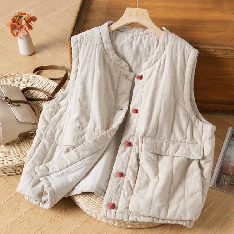 Ženski bezrukavni kardigan-vest, vintage stil, akrilna vlakna, kratka duljina, velike džepove, zima 2025