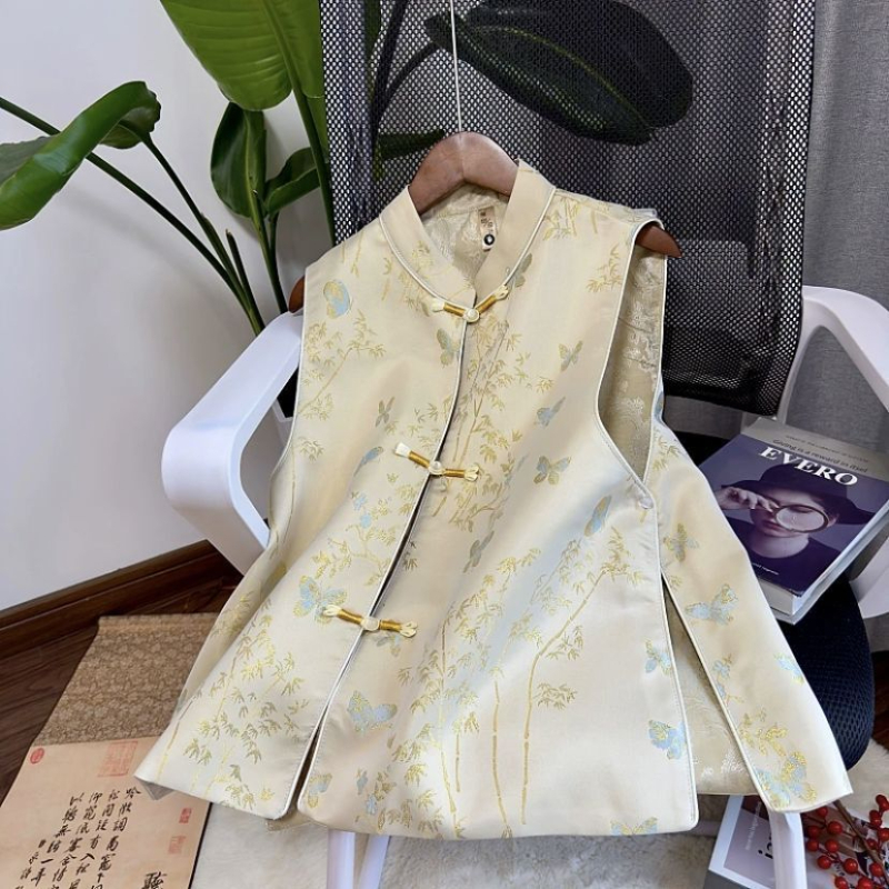 Bez rukava vest s polo ovratnikom, chenille jacquard tkanina, proljeće 2025