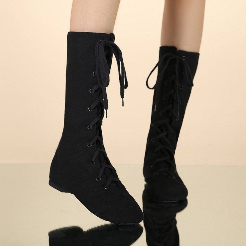 Удължени високи джаз обувки за пол денс и модерен танц, унисекс, платнена горна част, кожена подметка, издръжливи и абсорбират пот, за есен