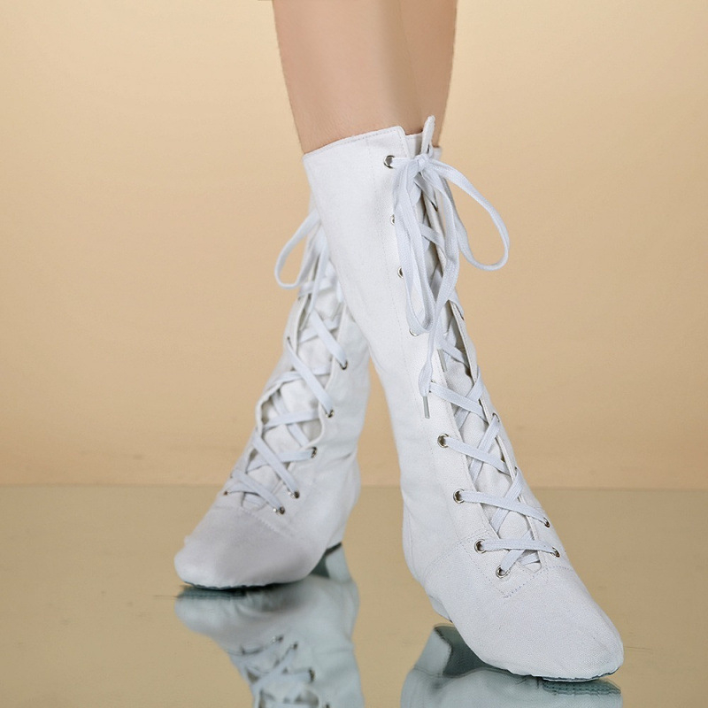 Удължени високи джаз обувки за пол денс и модерен танц, унисекс, платнена горна част, кожена подметка, издръжливи и абсорбират пот, за есен