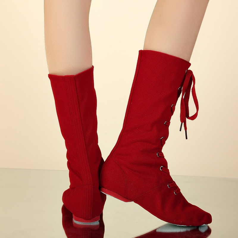 Удължени високи джаз обувки за пол денс и модерен танц, унисекс, платнена горна част, кожена подметка, издръжливи и абсорбират пот, за есен