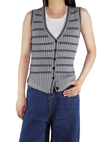 Ženski cardigan-vest s V-izrezom, prugasti pleteni uzorak, vlakno viskoza 80–90%, slobodan kroj, duljina 50–65 cm