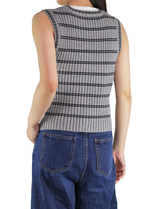 Ženski cardigan-vest s V-izrezom, prugasti pleteni uzorak, vlakno viskoza 80–90%, slobodan kroj, duljina 50–65 cm