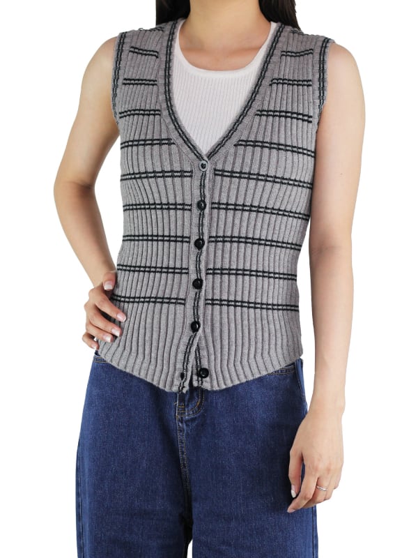 Ženski cardigan-vest s V-izrezom, prugasti pleteni uzorak, vlakno viskoza 80–90%, slobodan kroj, duljina 50–65 cm