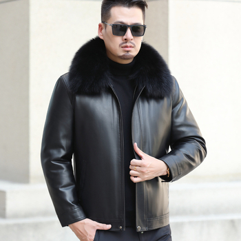 Ανδρικό δερμάτινο μπουφάν με γέμισμα από πούπουλα, πέτο γιακά, κλείσιμο με φερμουάρ, εφαρμοστό, χωρίς κουκούλα, από γνήσιο δέρμα