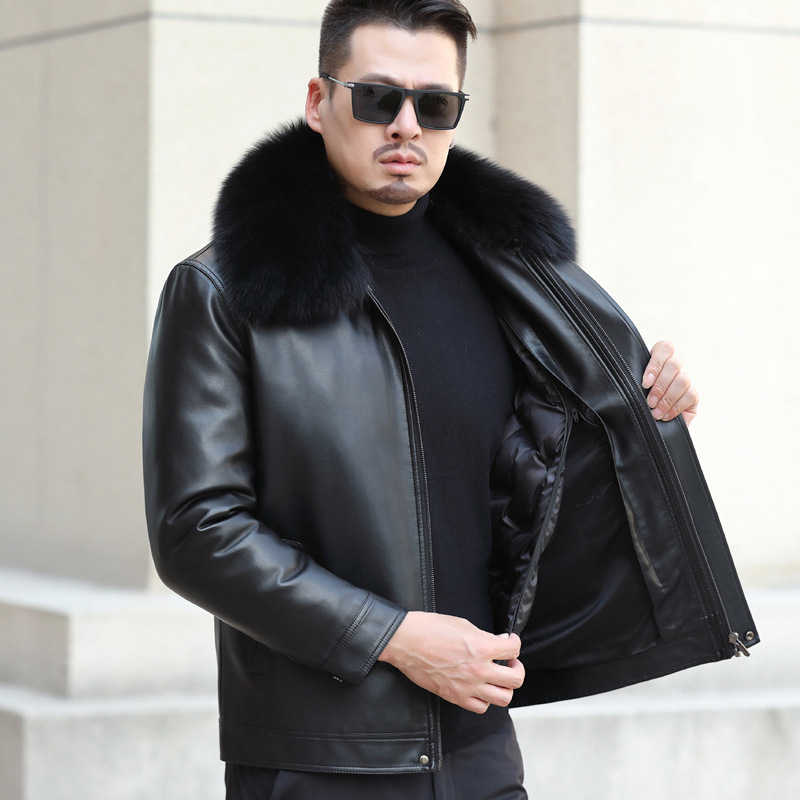 Ανδρικό δερμάτινο μπουφάν με γέμισμα από πούπουλα, πέτο γιακά, κλείσιμο με φερμουάρ, εφαρμοστό, χωρίς κουκούλα, από γνήσιο δέρμα