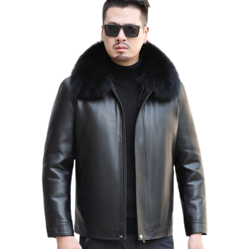 Ανδρικό δερμάτινο μπουφάν με γέμισμα από πούπουλα, πέτο γιακά, κλείσιμο με φερμουάρ, εφαρμοστό, χωρίς κουκούλα, από γνήσιο δέρμα