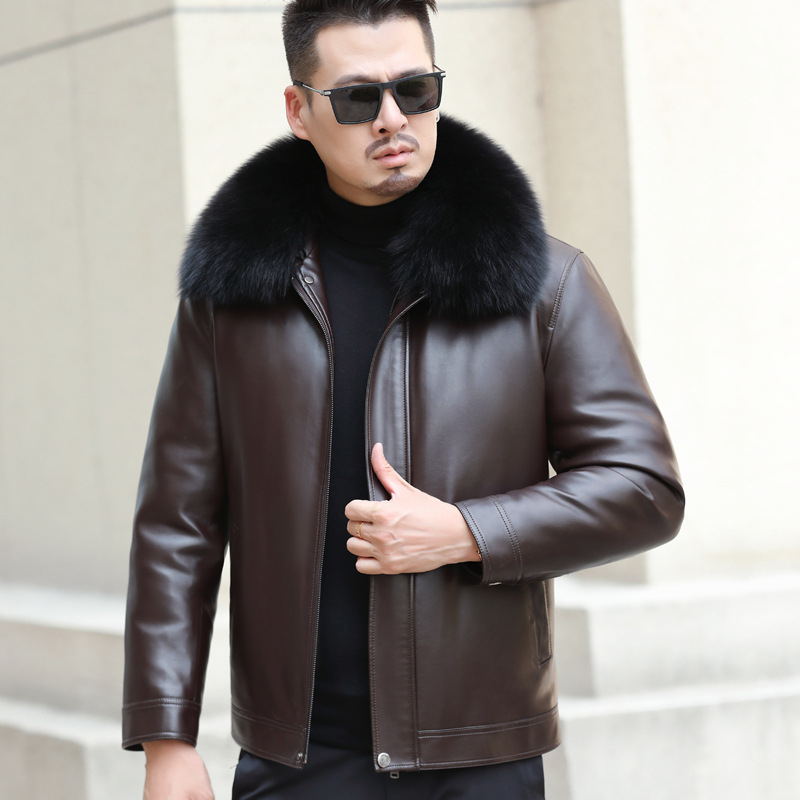Ανδρικό δερμάτινο μπουφάν με γέμισμα από πούπουλα, πέτο γιακά, κλείσιμο με φερμουάρ, εφαρμοστό, χωρίς κουκούλα, από γνήσιο δέρμα