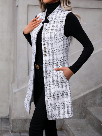 Ženski dugi tweed vest, V-dekolte, bez rukava, casual stil, širok kroj, 95% poliester
