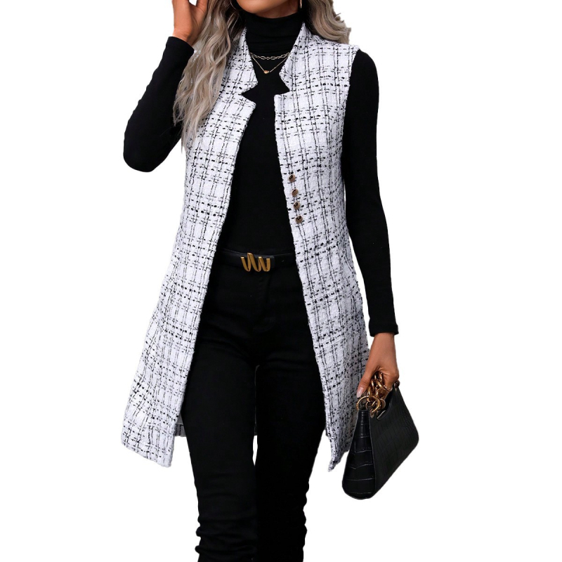 Ženski dugi tweed vest, V-dekolte, bez rukava, casual stil, širok kroj, 95% poliester