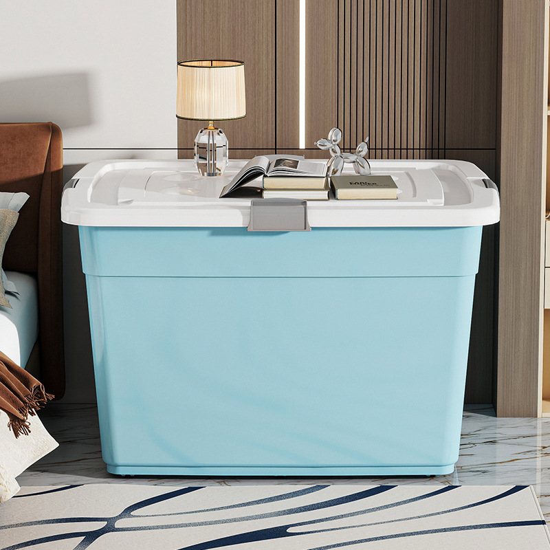 Műanyag tárolóedény, PP anyag, kapacitás 40–50 L, kerekekkel, kattintó zár, vízálló és porálló