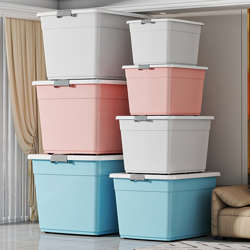 Műanyag tárolóedény, PP anyag, kapacitás 40–50 L, kerekekkel, kattintó zár, vízálló és porálló