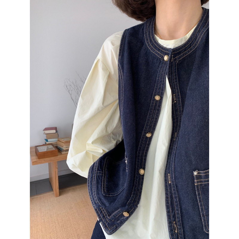 Ženski džins vest s okruglim izrezom, kratkom duljinom, smjesom spandeksa i pamučnim punilom
