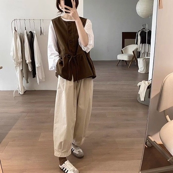 Ženski vest top od spandeksa s geometrijskim uzorkom, jednolinjna ovratnica, spojeni lazy stil, japansko-korejski casual dizajn