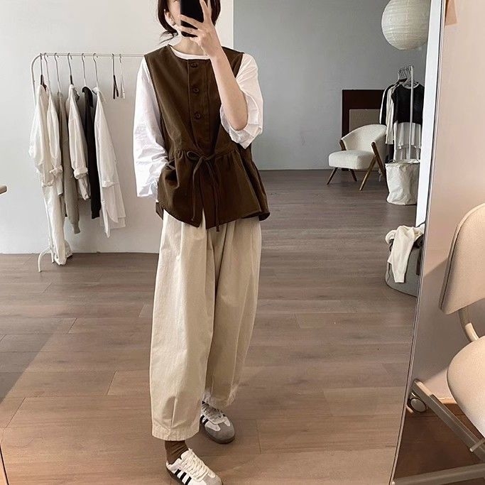 Ženski vest top od spandeksa s geometrijskim uzorkom, jednolinjna ovratnica, spojeni lazy stil, japansko-korejski casual dizajn