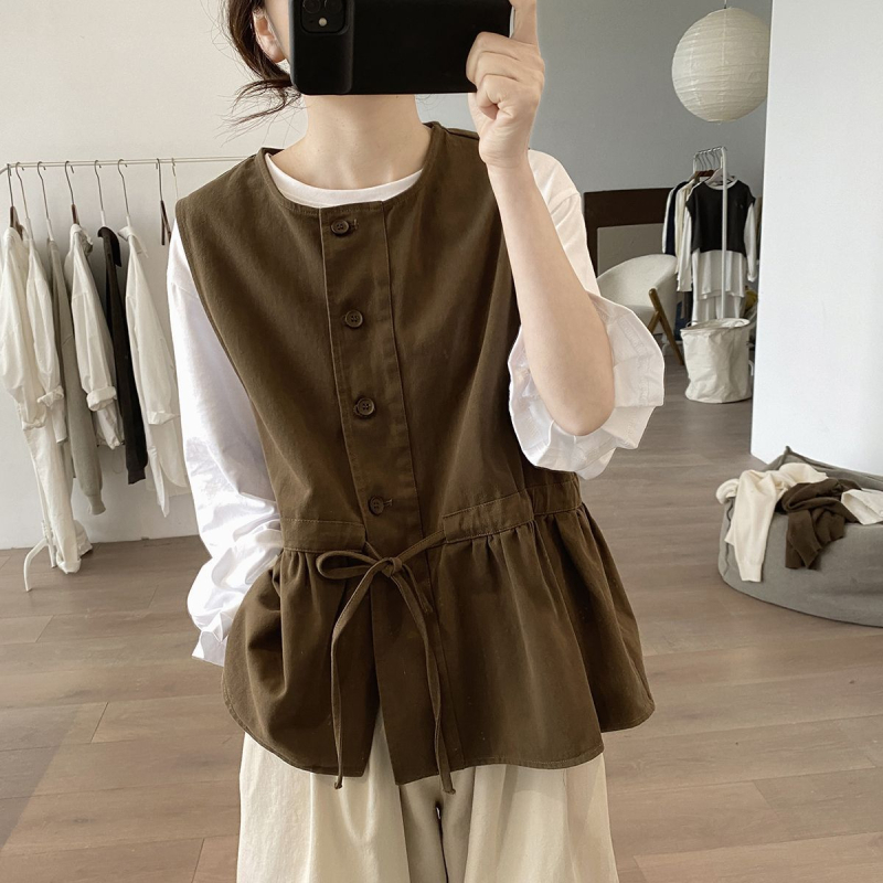 Ženski vest top od spandeksa s geometrijskim uzorkom, jednolinjna ovratnica, spojeni lazy stil, japansko-korejski casual dizajn