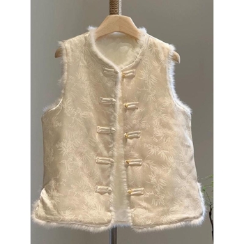 Ženski gilet u kineskom stilu s quiltanim jacquard uzorkom, prednje kopčanje na gumbe, krzno detalj, bez ovratnika, za jesen-zimu