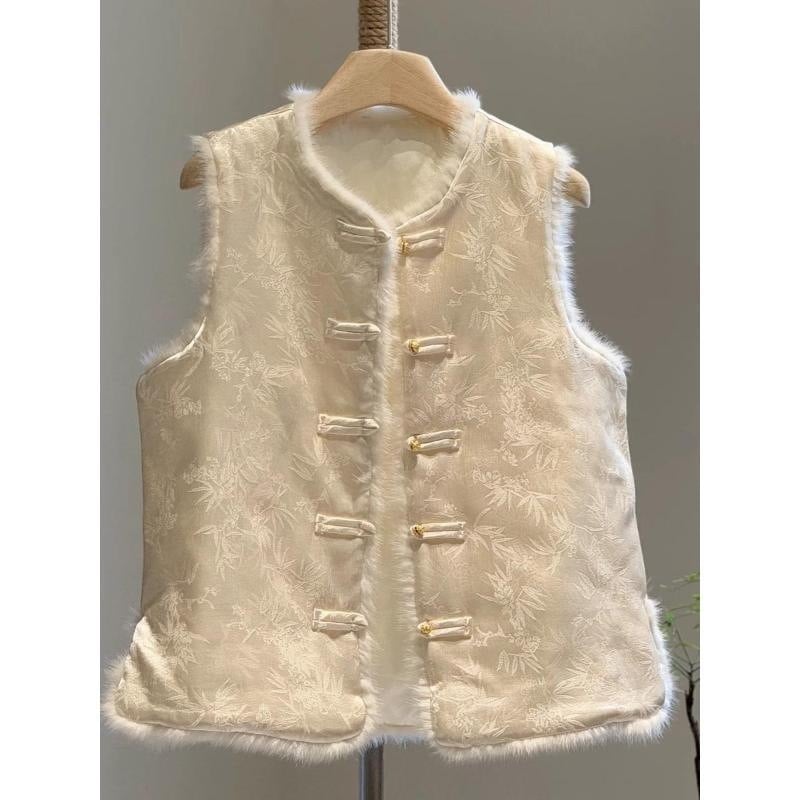Ženski gilet u kineskom stilu s quiltanim jacquard uzorkom, prednje kopčanje na gumbe, krzno detalj, bez ovratnika, za jesen-zimu