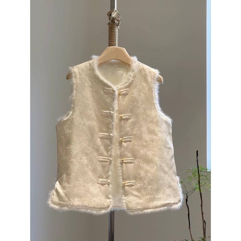 Ženski gilet u kineskom stilu s quiltanim jacquard uzorkom, prednje kopčanje na gumbe, krzno detalj, bez ovratnika, za jesen-zimu