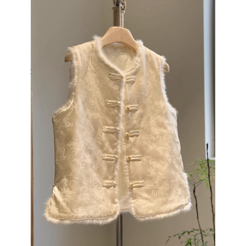 Ženski gilet u kineskom stilu s quiltanim jacquard uzorkom, prednje kopčanje na gumbe, krzno detalj, bez ovratnika, za jesen-zimu