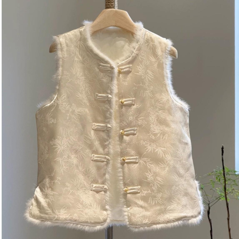 Ženski gilet u kineskom stilu s quiltanim jacquard uzorkom, prednje kopčanje na gumbe, krzno detalj, bez ovratnika, za jesen-zimu