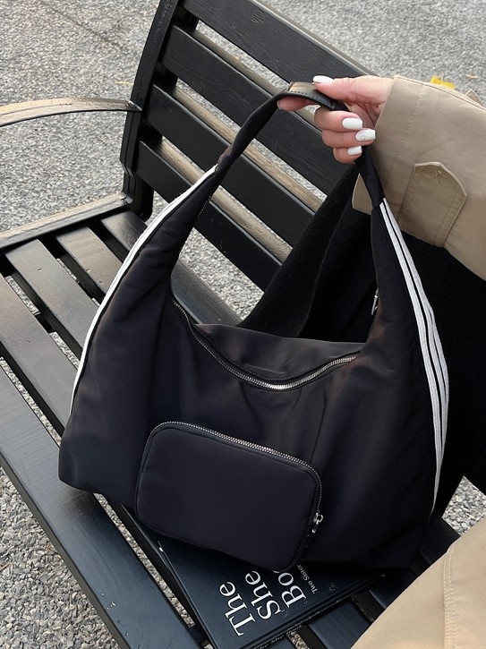 Nylon torbica za ramena, ulični stil, horizontalni kvadratni oblik, zatvarač na zip, unutarnji džep sa zip zatvaračem