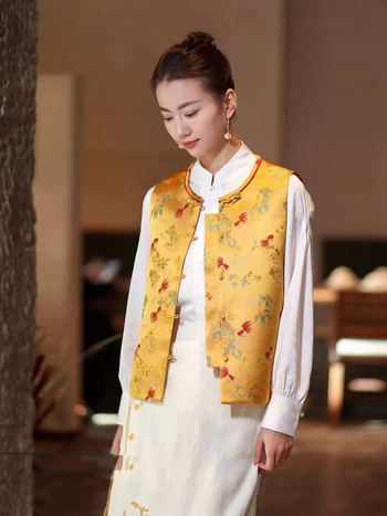Ženski vest u kineskom stilu s broderijom Song Brocade, Spandex tkanina, stojeći ovratnik, kopča s jednim redom, obična duljina