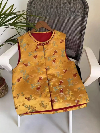 Ženski vest u kineskom stilu s broderijom Song Brocade, Spandex tkanina, stojeći ovratnik, kopča s jednim redom, obična duljina