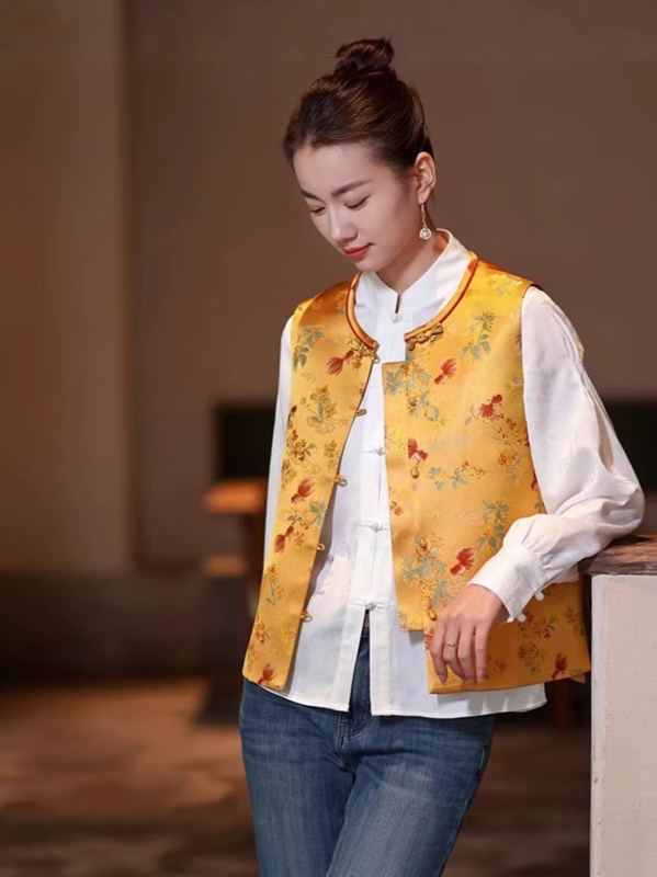 Ženski vest u kineskom stilu s broderijom Song Brocade, Spandex tkanina, stojeći ovratnik, kopča s jednim redom, obična duljina