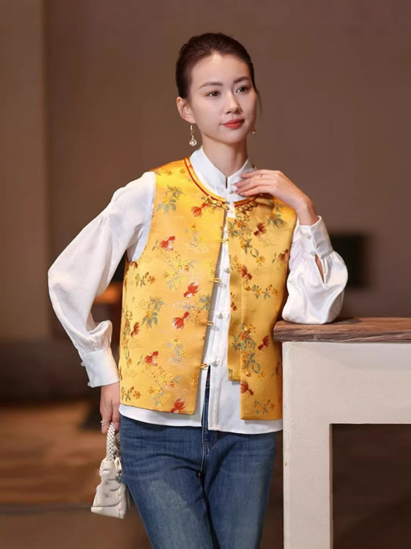 Ženski vest u kineskom stilu s broderijom Song Brocade, Spandex tkanina, stojeći ovratnik, kopča s jednim redom, obična duljina