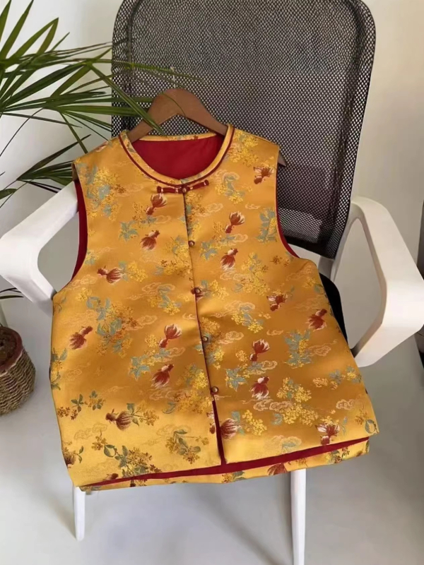 Ženski vest u kineskom stilu s broderijom Song Brocade, Spandex tkanina, stojeći ovratnik, kopča s jednim redom, obična duljina