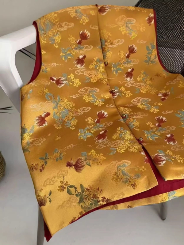 Ženski vest u kineskom stilu s broderijom Song Brocade, Spandex tkanina, stojeći ovratnik, kopča s jednim redom, obična duljina