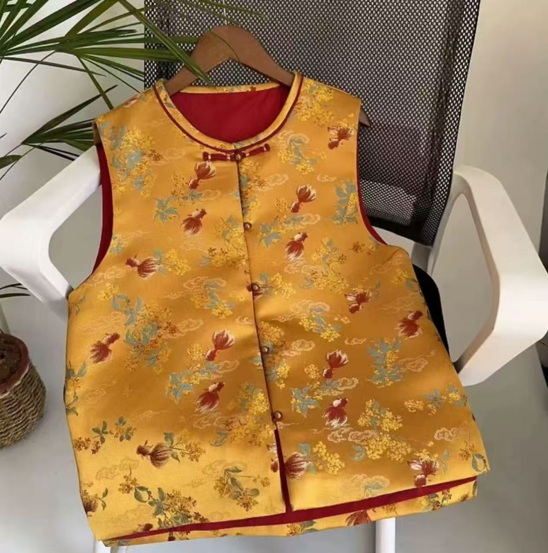Ženski vest u kineskom stilu s broderijom Song Brocade, Spandex tkanina, stojeći ovratnik, kopča s jednim redom, obična duljina