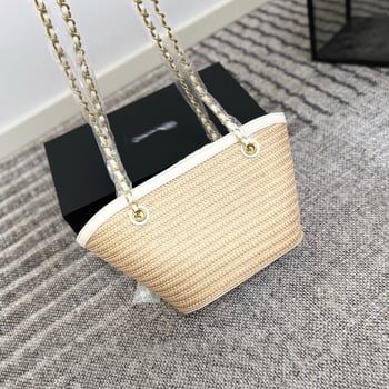 Raffia szalma vödörtáska, városi minimalistikus stílus, mágneses zárás, belső cipzáras zseb, poliészter bélés