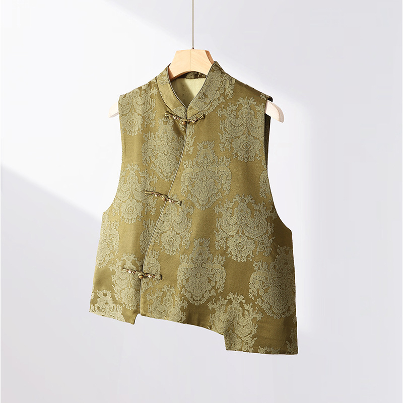 Ženski bezrukavni prsluk u kineskom stilu s žakardnim cvjetnim uzorkom i uspravnim ovratnikom, materijal od pamuk-mešavine, tri gumba.