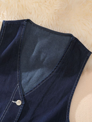 Ženski džin vest, V-izrez, slim fit, kratka duljina, casual japansko-korejski stil, denim s 70-80% pamuka i poliestera