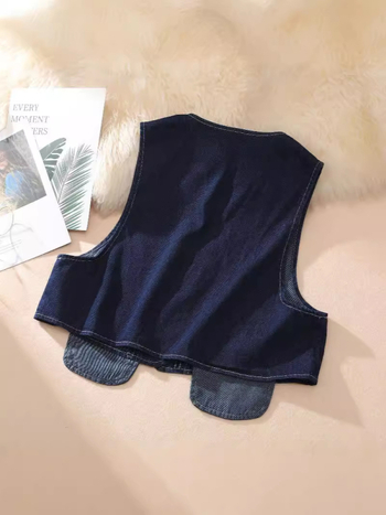 Ženski džin vest, V-izrez, slim fit, kratka duljina, casual japansko-korejski stil, denim s 70-80% pamuka i poliestera