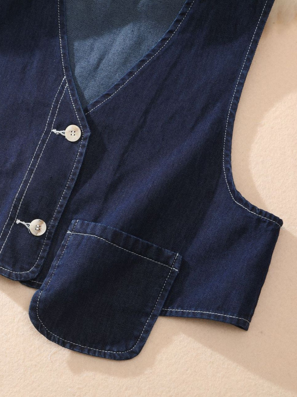 Ženski džin vest, V-izrez, slim fit, kratka duljina, casual japansko-korejski stil, denim s 70-80% pamuka i poliestera