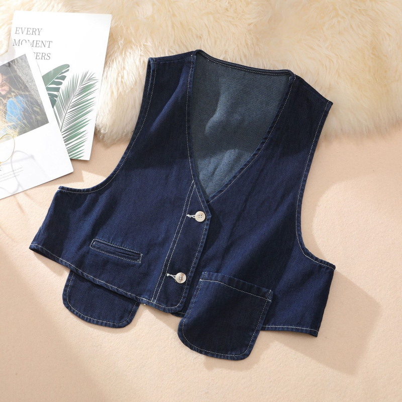 Ženski džin vest, V-izrez, slim fit, kratka duljina, casual japansko-korejski stil, denim s 70-80% pamuka i poliestera