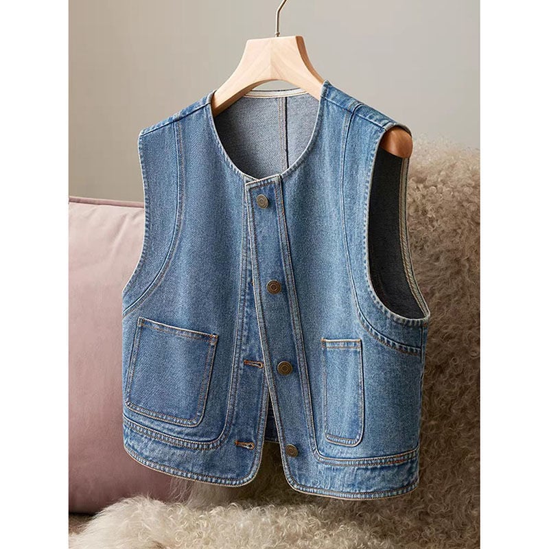 Chenille-Spandex bez rukava prsluk, okrugli izrez, opušteni svakodnevni kroj, jednostruko kopčanje, duljina 50–65 cm, ljeto 2025