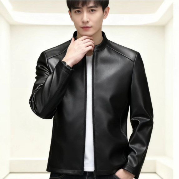 Muška jakna od prave ovčje kože s stojećim ovratnikom, na zip, prilagodljiv kroj, jesen 2025