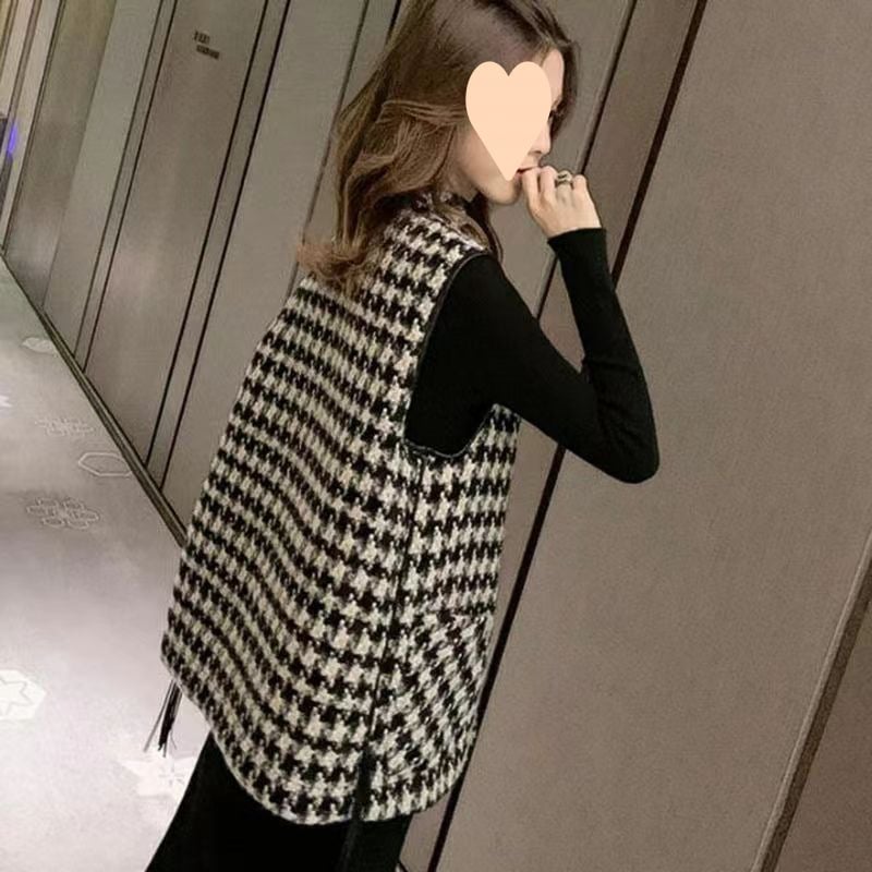 Ženski prsluk s uzorkom Houndstooth, stojeći ovratnik, zatvaranje na jedno dugme, nagnuti ramenski kroj, Modalna tkanina
