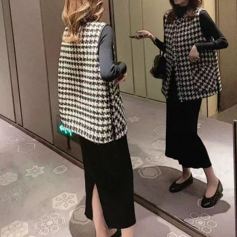 Ženski prsluk s uzorkom Houndstooth, stojeći ovratnik, zatvaranje na jedno dugme, nagnuti ramenski kroj, Modalna tkanina