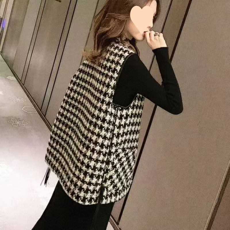 Ženski prsluk s uzorkom Houndstooth, stojeći ovratnik, zatvaranje na jedno dugme, nagnuti ramenski kroj, Modalna tkanina