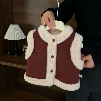 Vesta za djevojčice od chenille s vunenim punjenjem, polo ovratnik, zatvara se jednim gumbom, kratka duljina